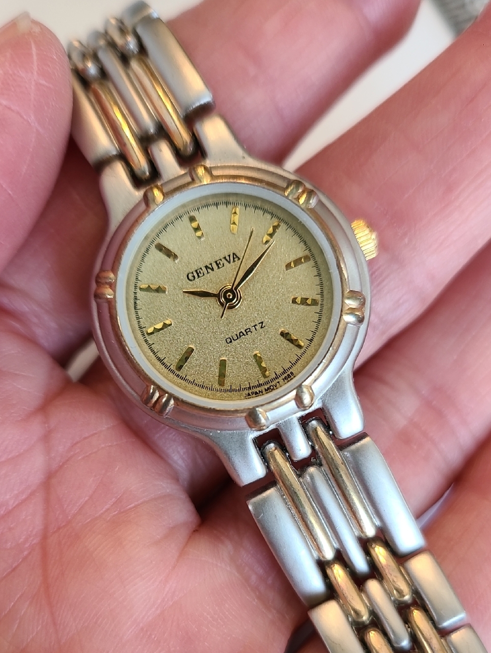 Long Band Geneva Two-Tone Gold and Silver Ladies Bracelet Watch